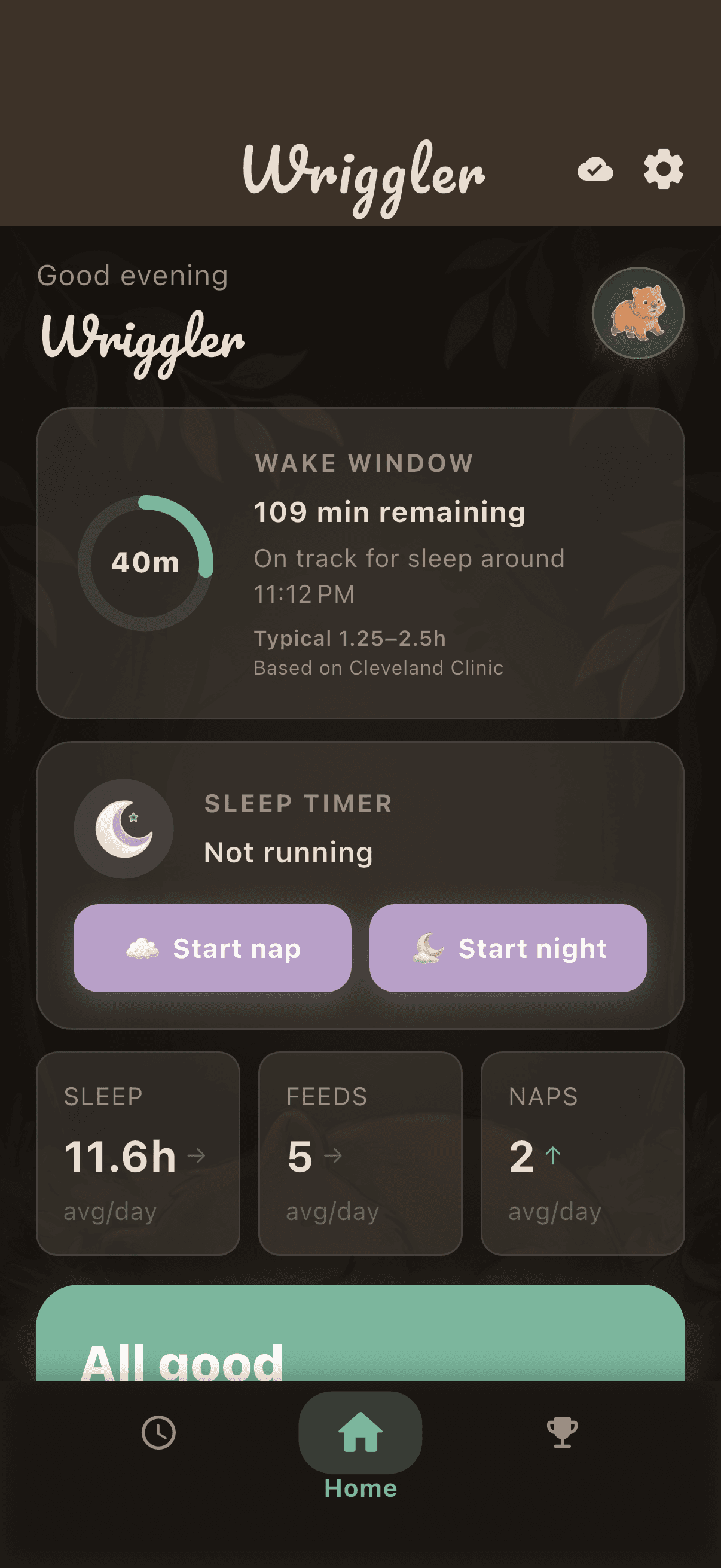 The Wriggler home screen in warm dark mode: the wake-window ring showing 40 minutes since the last sleep and 109 minutes remaining, above the sleep timer.