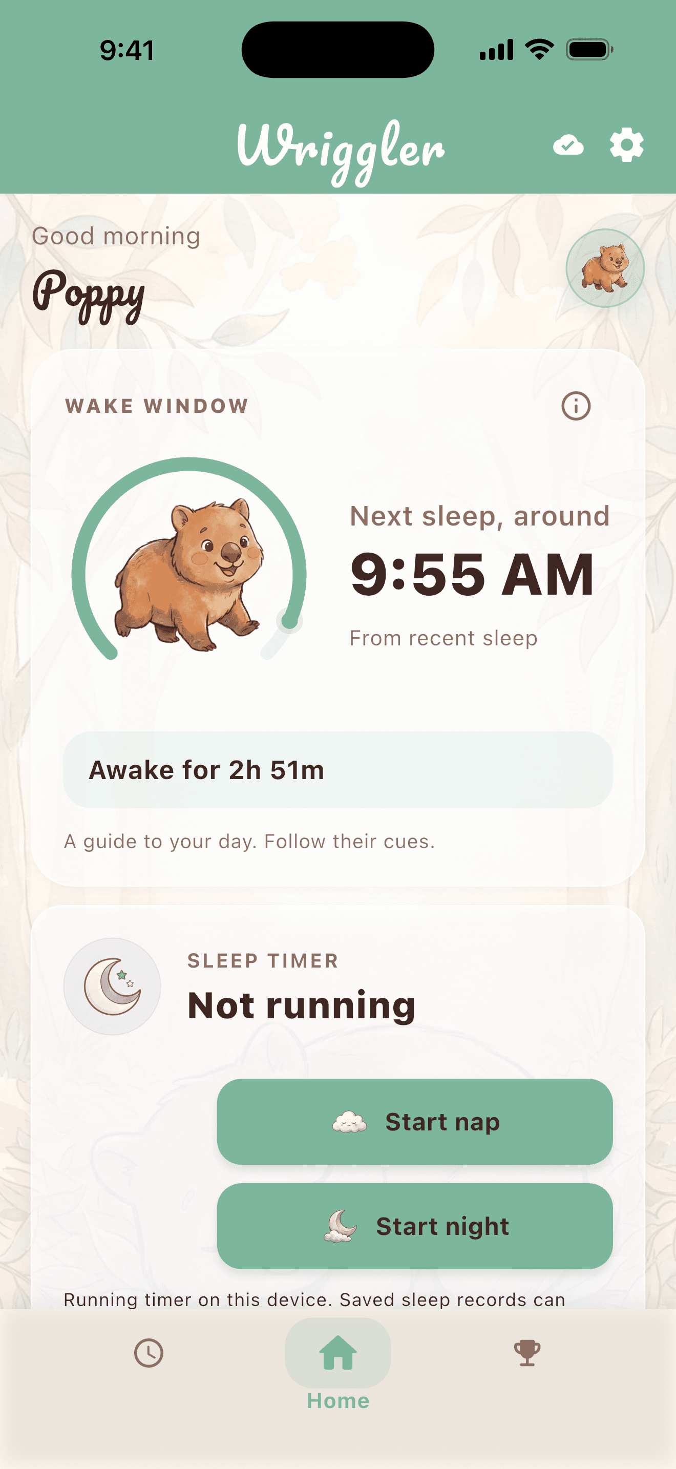 The Wriggler home screen: a personal wake estimate with the next sleep time, a wombat illustration, and Start nap and Start night controls.