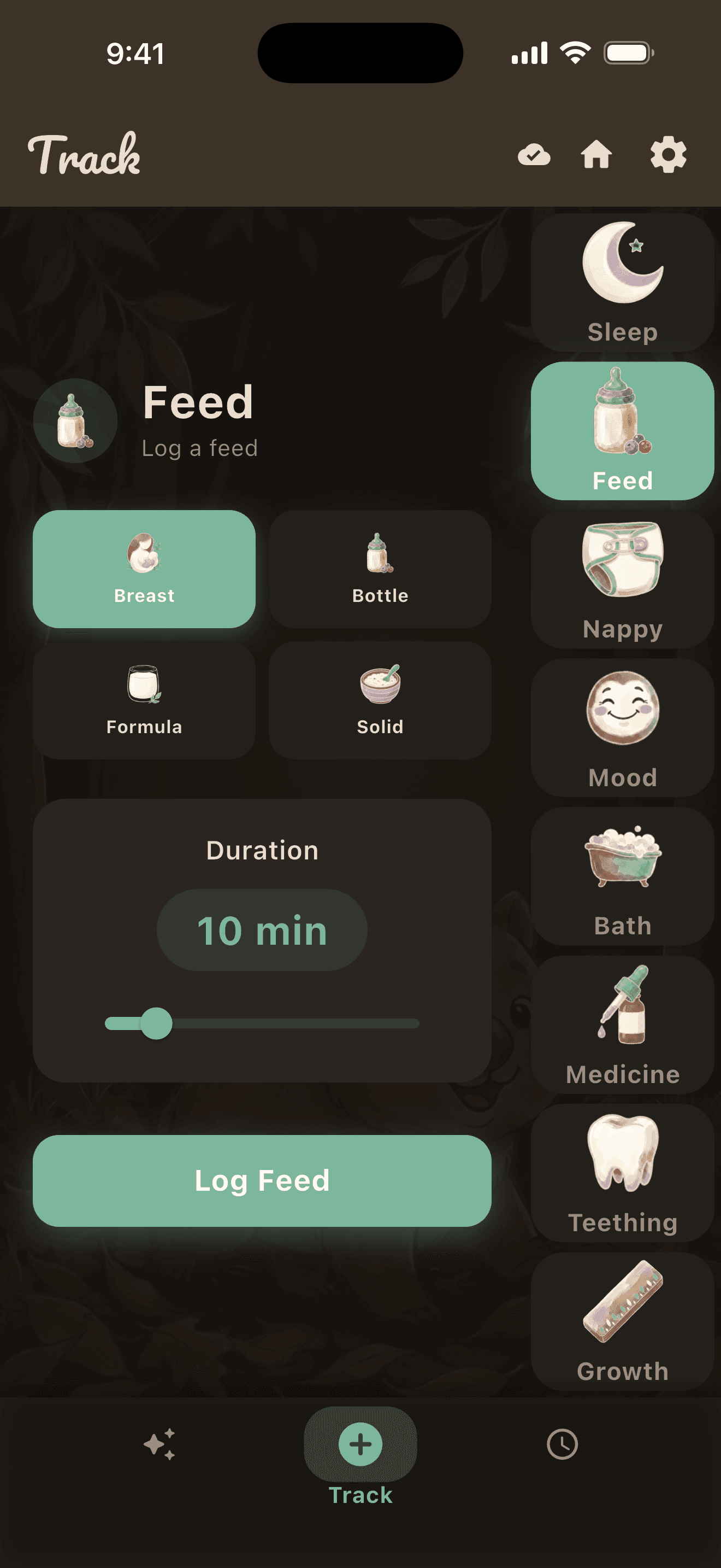 The Feed tracker in warm dark mode: breast, bottle, formula and solid feed types, a duration slider and a Log Feed button, beside the Sleep, Nappy and other tracking categories.