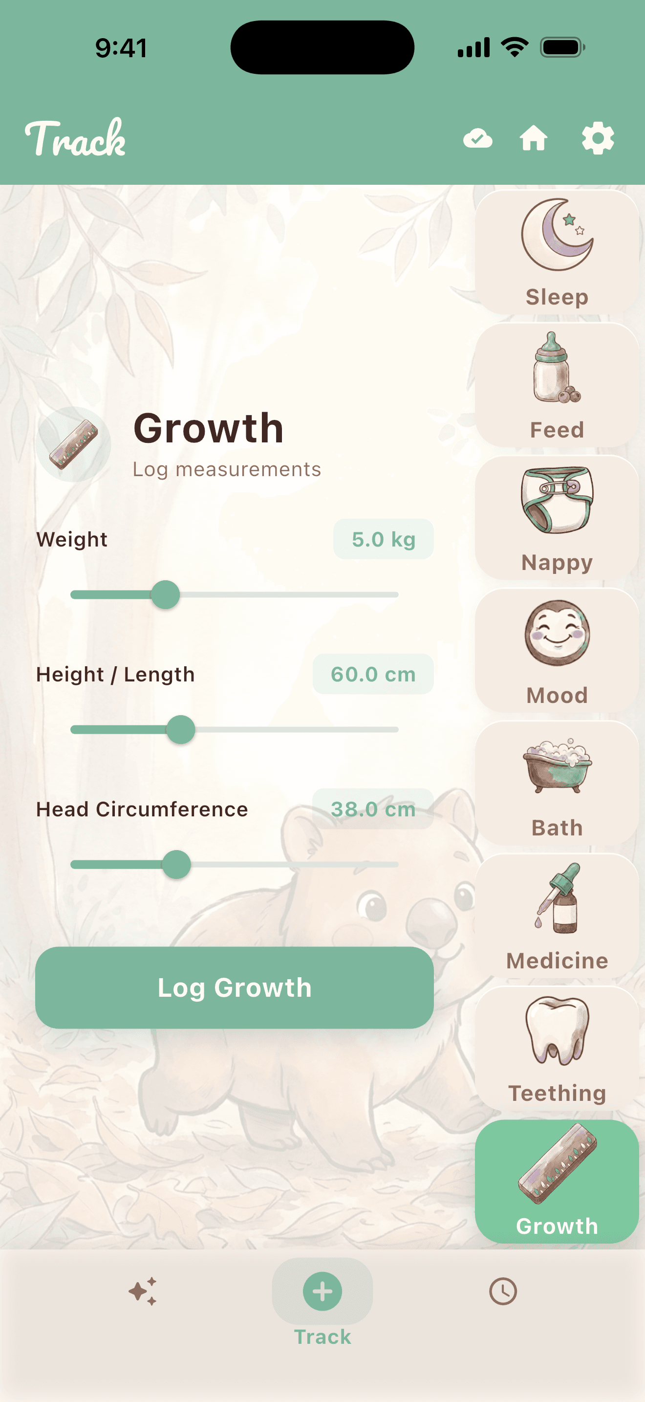 The Growth tracker: weight, height and length, and head circumference entries with a Log Growth button.