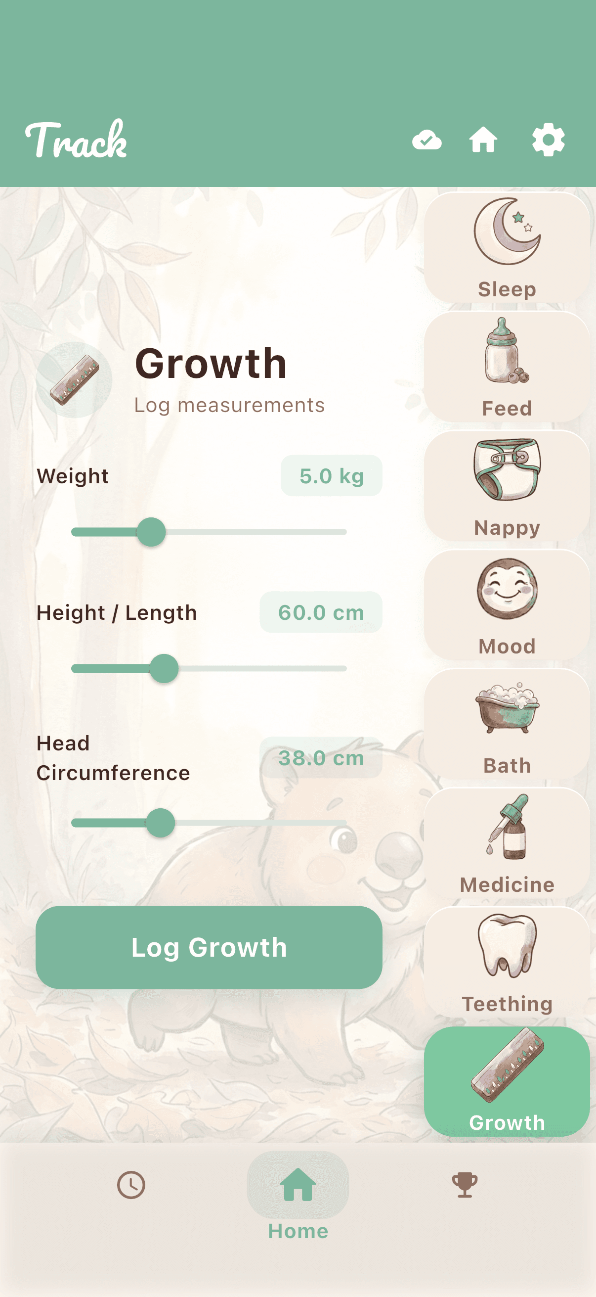 The Growth tracker: weight, height and length, and head circumference entries with a Log Growth button.